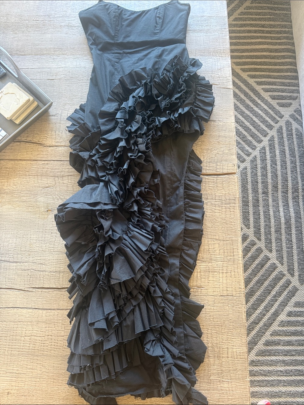 NBD Black Strapless Ruffle Column Dress
